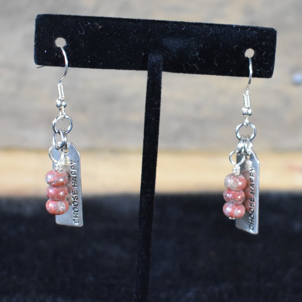 New Choose Happy and Red Jasper Bead Earrings